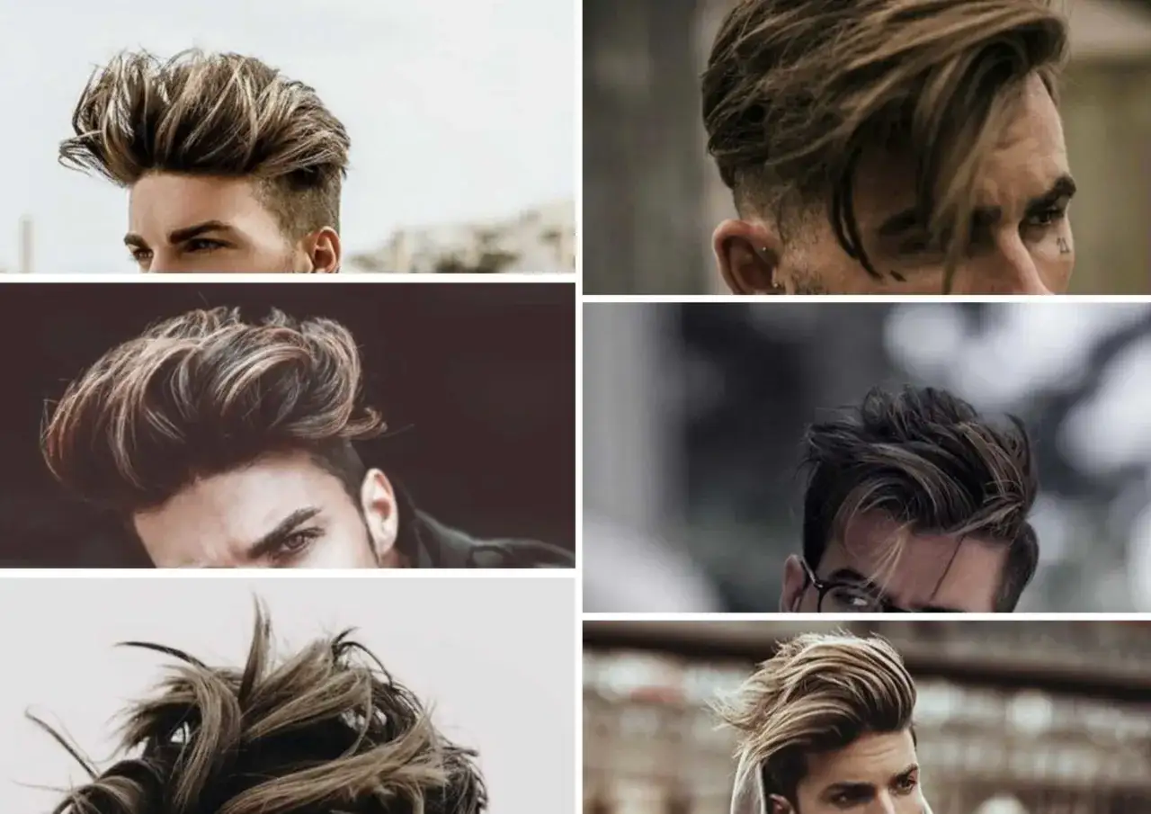 Six hommes arborent des coiffures modernes avec des mèches blondes et brunes, un balayage homme stylé pour un look tendance.