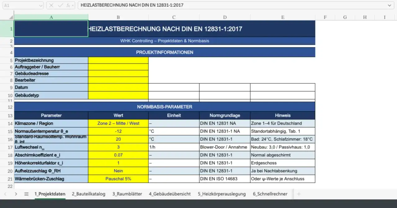 Excel-Tabelle f&uuml;r Heizlastberechnung nach DIN EN 12831-1:2017 mit Projektinfos und Normbasis-Parametern wie Klimazone, Temperatur und Luftwechsel.