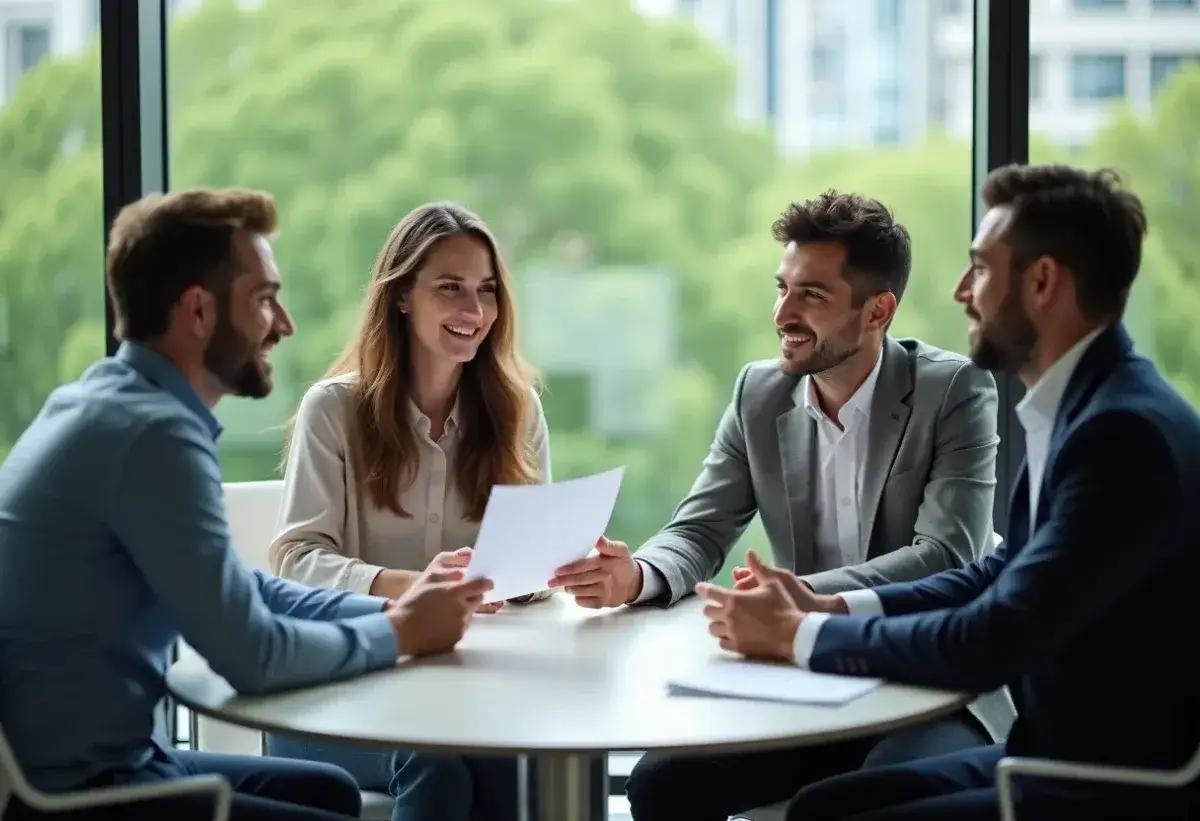 Équipe discutant de projets, illustrant le management et la communication. Ils échangent des documents et sourient.