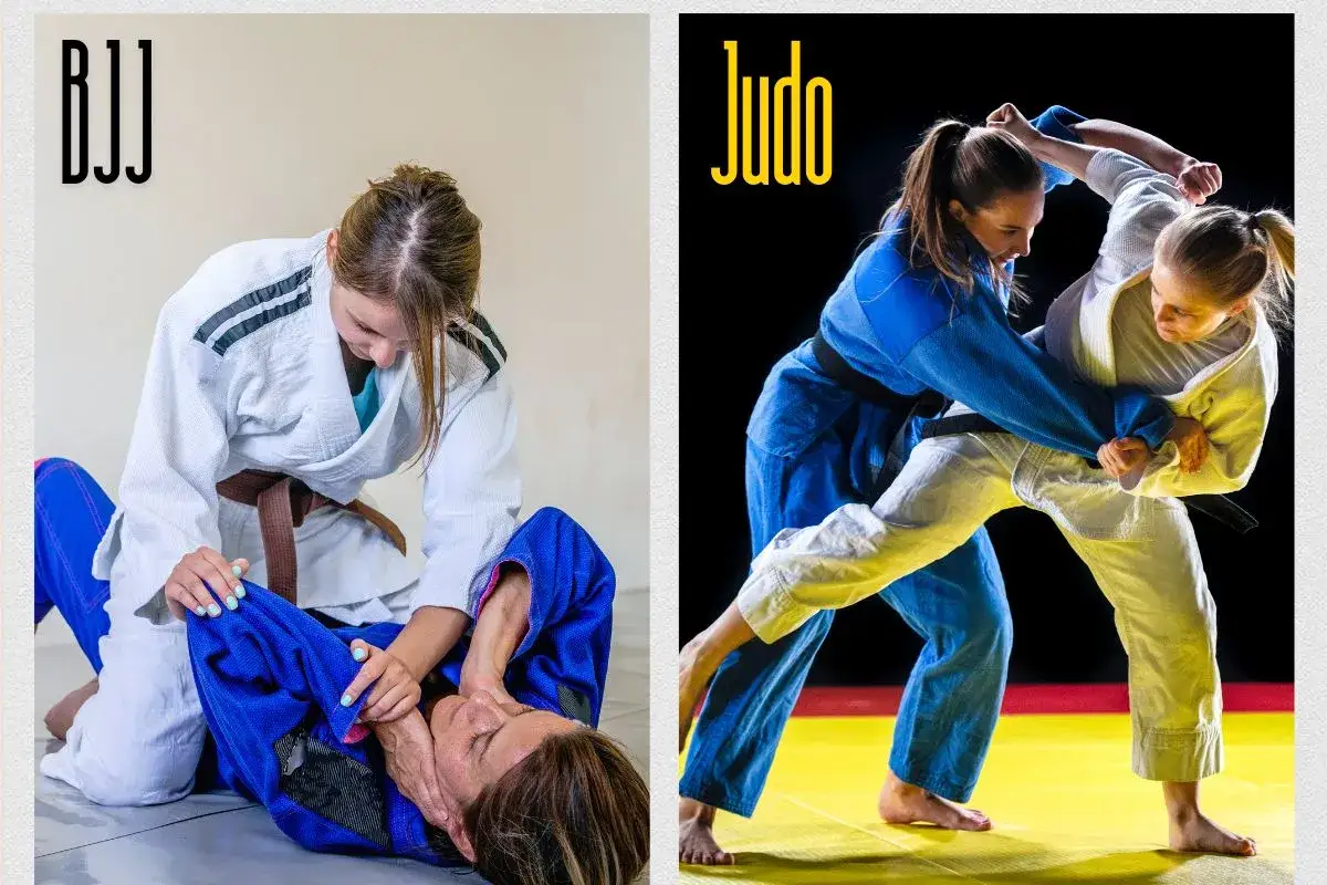 Tv&aring; kvinnor i judodr&auml;kter k&auml;mpar. Till v&auml;nster, BJJ-ut&ouml;vare p&aring; marken. Till h&ouml;ger, judout&ouml;vare i st&aring;ende position.