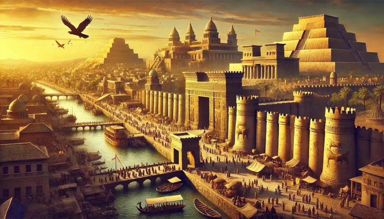 Złota Niniwa tętni życiem. Rzeka płynie przez miasto, a nad nią górują majestatyczne budowle i zigguraty.