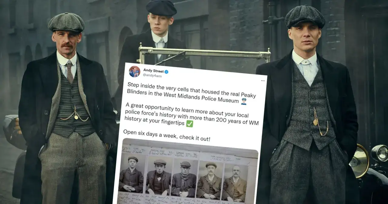 Trzej mężczyźni w czapkach i płaszczach, jak z filmu Peaky Blinders, obok tweeta o prawdziwych Peaky Blinders w muzeum.