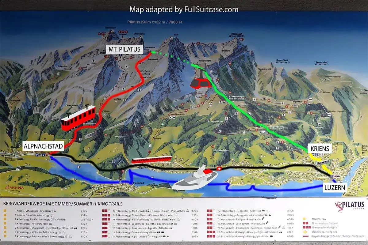 Map showing how to get to Mt. Pilatus from Lucerne via train from Alpnachstad or Kriens, or by boat.