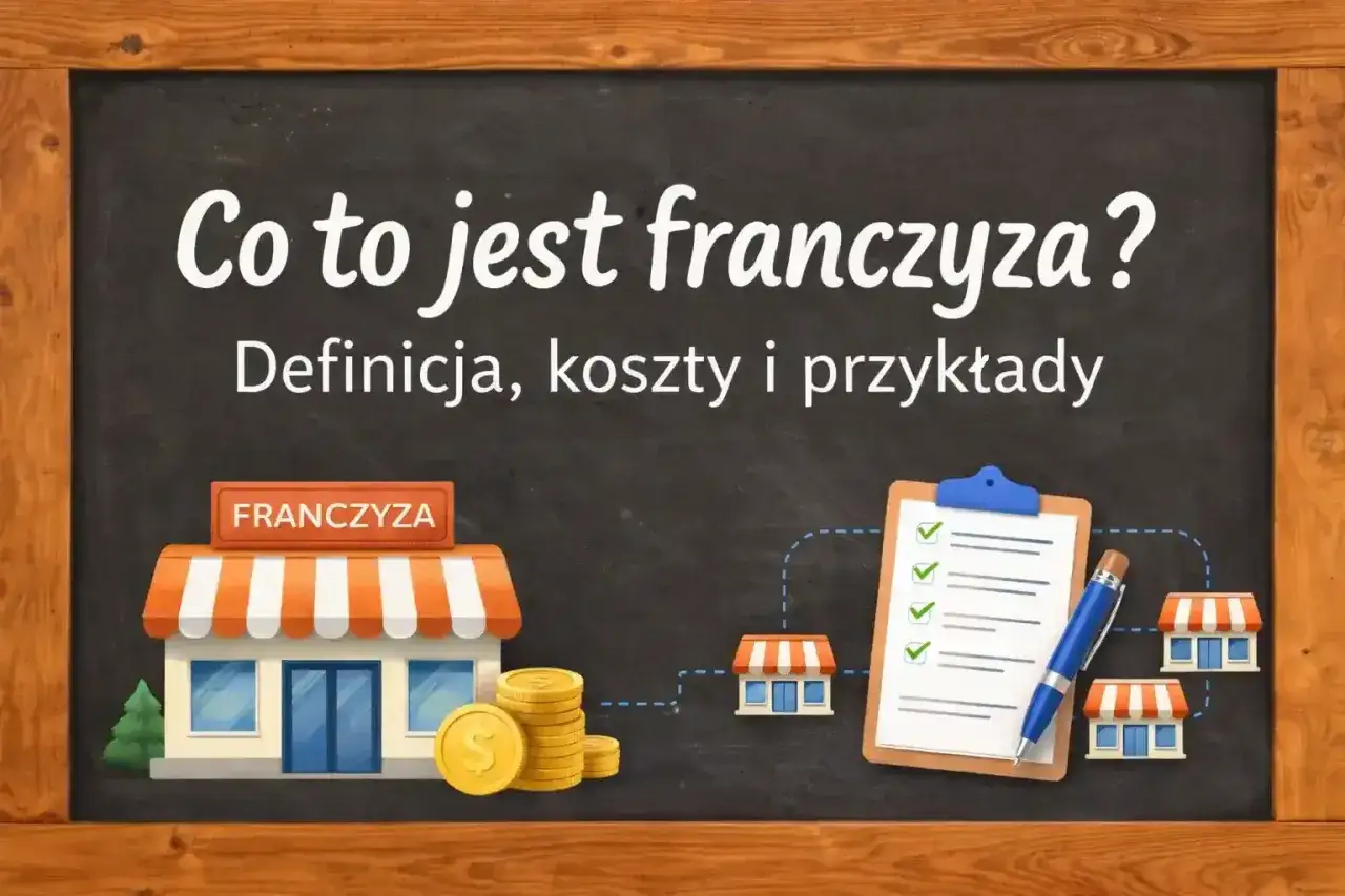 Co to jest franczyza? Ilustracja przedstawia sklep franczyzowy, stos monet i listę kontrolną, symbolizując definicję, koszty i przykłady franczyzy.