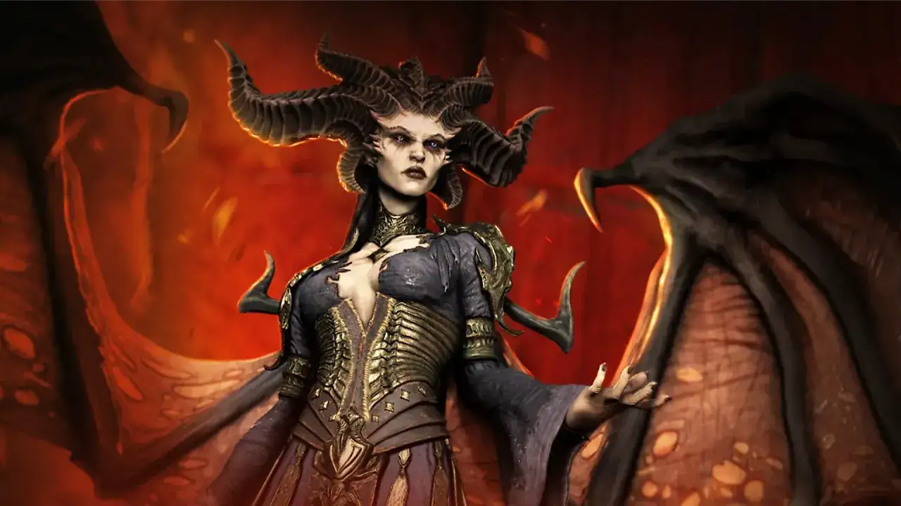 Lilith z Diablo 4, z rogami i skrzydłami, w otoczeniu ognia.