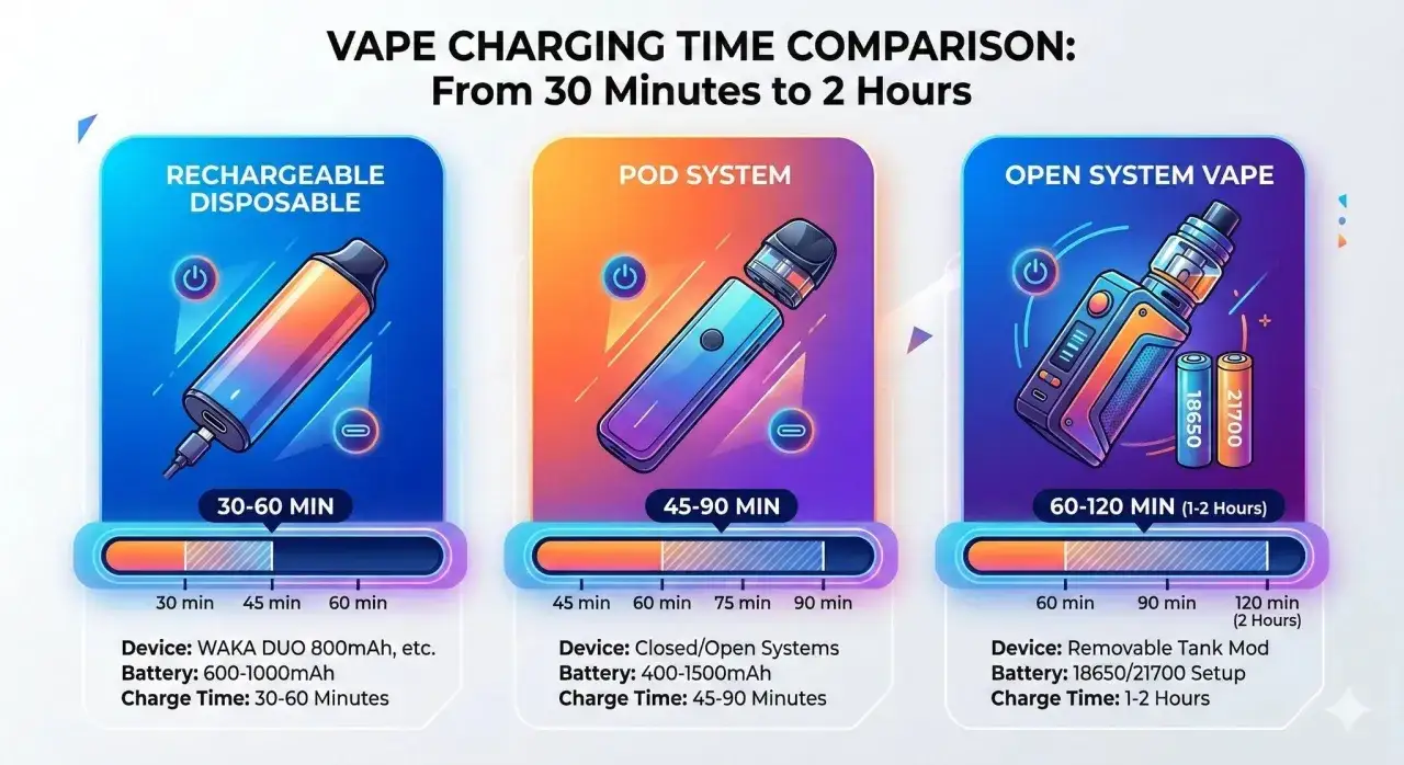 Comparativa de tiempos de carga de vape: desechable recargable (30-60 min), pod system (45-90 min) y vape de sistema abierto (60-120 min).