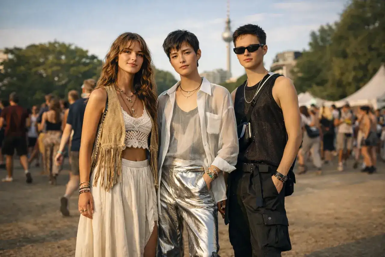 Drei junge Menschen in einem Festival-Setting, die einen l&auml;ssigen, minimalistischen Stil zur Schau stellen.