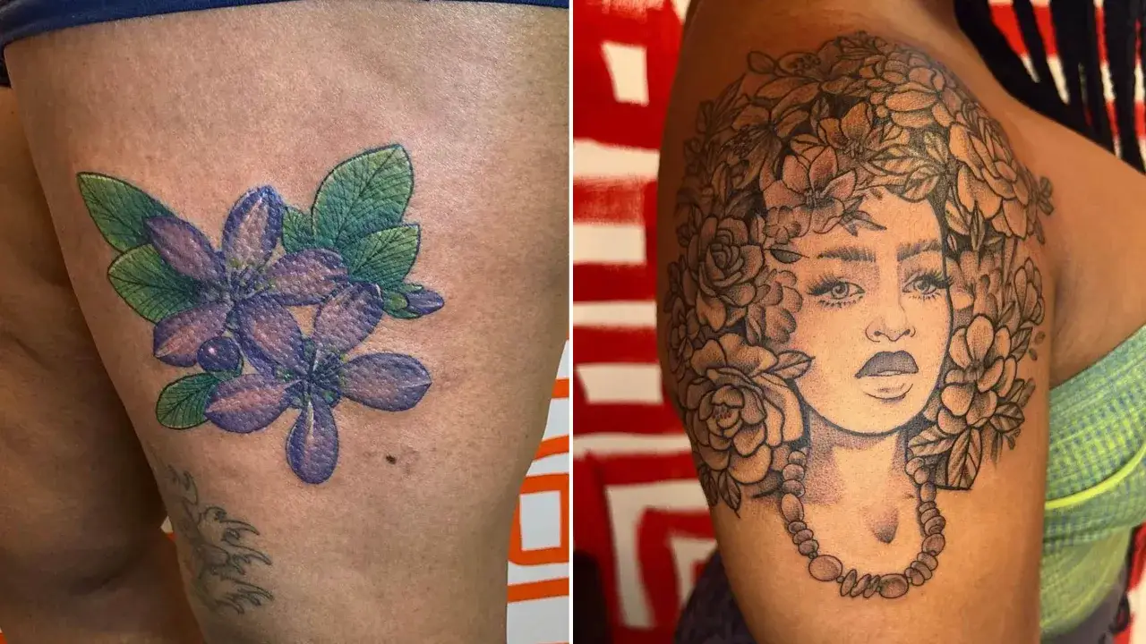 Zwei Tätowierungen: Eine lila Blume mit grünen Blättern auf dem Bein und ein Porträt einer Frau mit Blumenkranz auf dem Arm.