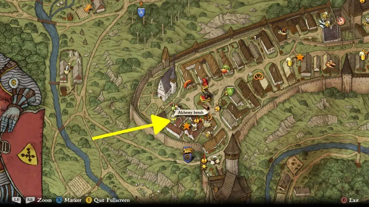 Mapa z gry Kingdom Come: Deliverance. Żółta strzałka wskazuje na
