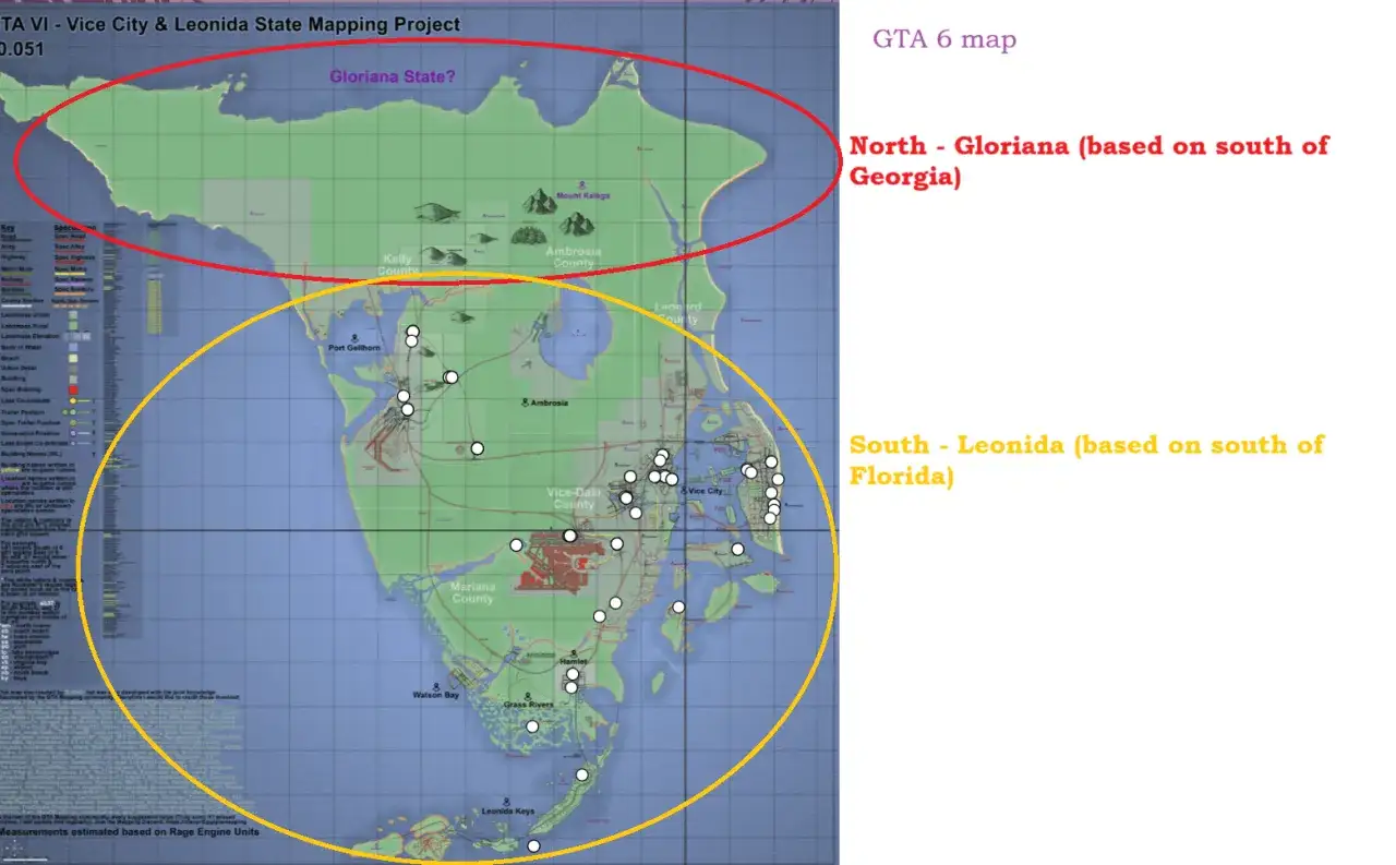 Mapa GTA 6: północna Gloriana (na podstawie południa Georgii) i południowa Leonida (na podstawie południa Florydy), z zaznaczonym Vice City.