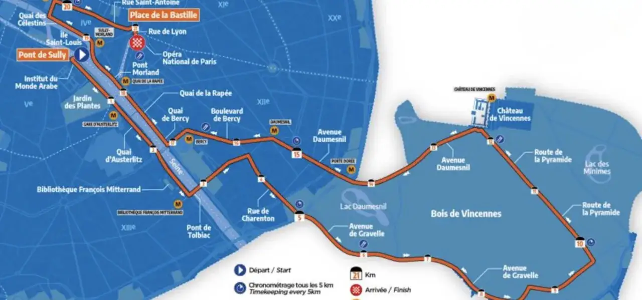Carte du semi-marathon Paris 2026, traversant des lieux embl&eacute;matiques comme le Bois de Vincennes et le Quai de la Rap&eacute;e.