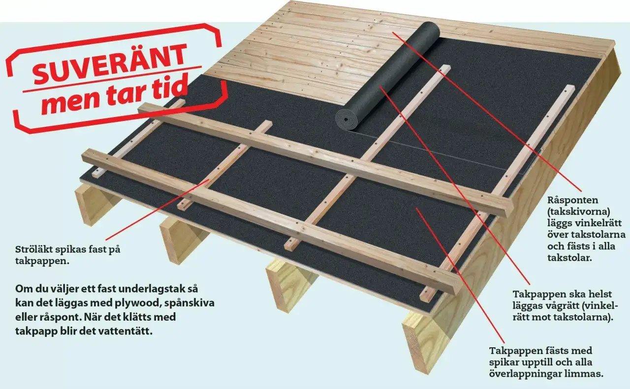 Detaljerad illustration av hur man bygger tak med takpapp och r&aring;spont.