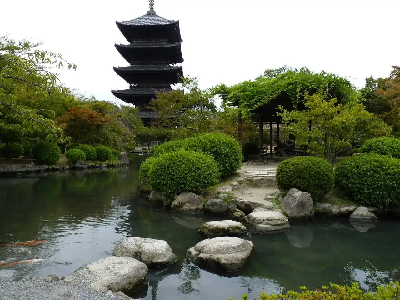 Ein friedlicher asia garten mit einem Teich, Koi-Karpfen, einer Pagode und einem überdachten Sitzbereich.