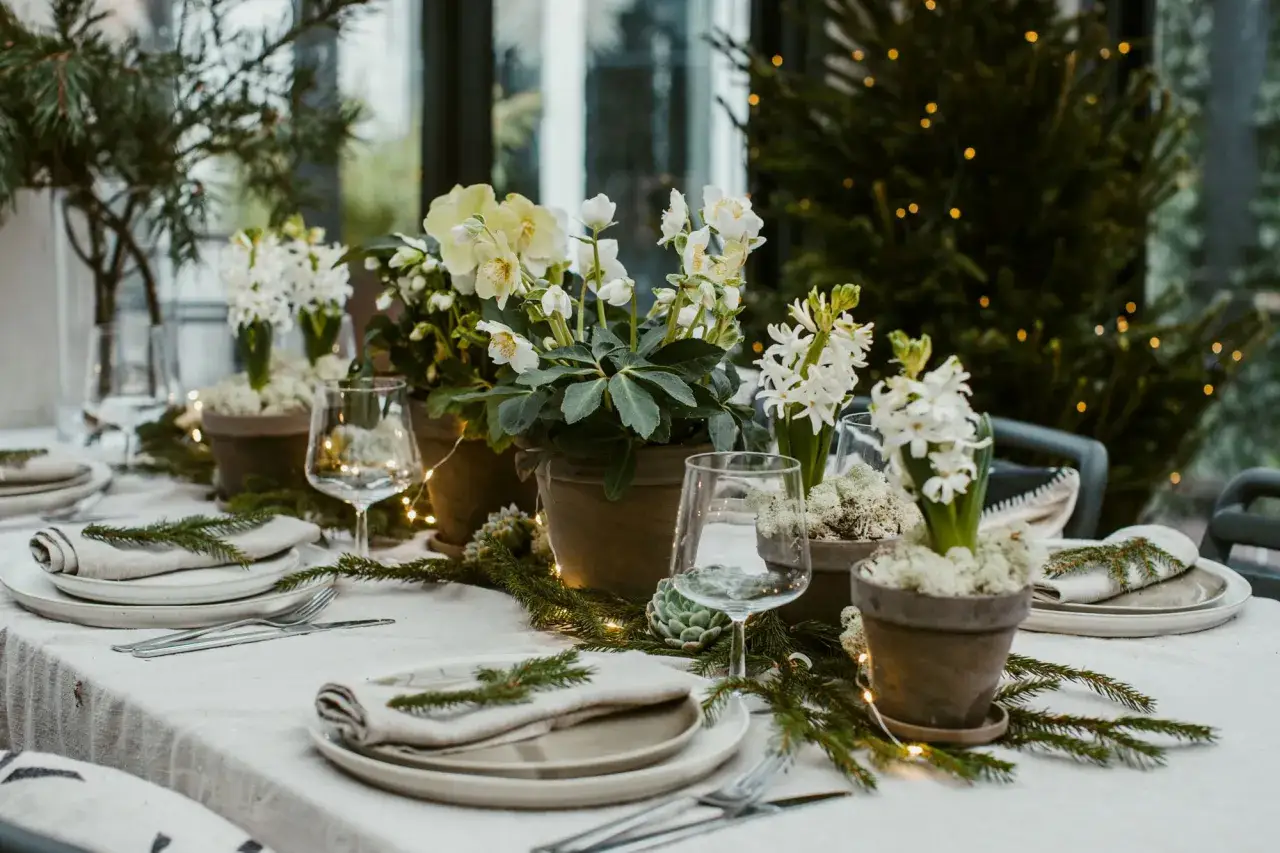 Vacker dukning med hyacinter, julstjärnor och granris. Perfekta julfika tips för en mysig jul.