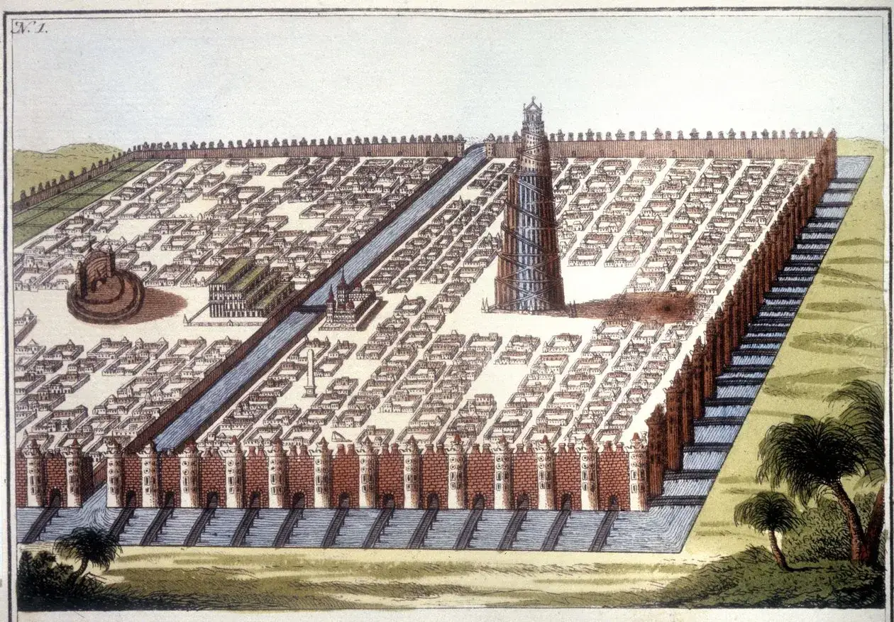 Ilustracja przedstawia miasto z wieżą Babel, symbolizującą ludzką pychę i jej konsekwencje.