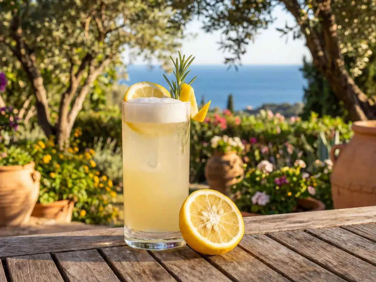 En uppfriskande yuzu drink med citronskiva och rosmarin, serverad utomhus med havet i bakgrunden.