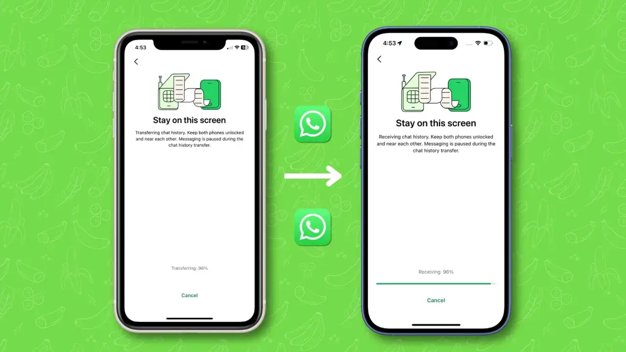 Jak przenieść WhatsApp na nowy telefon? Dwa telefony pokazują ekran transferu historii czatów.