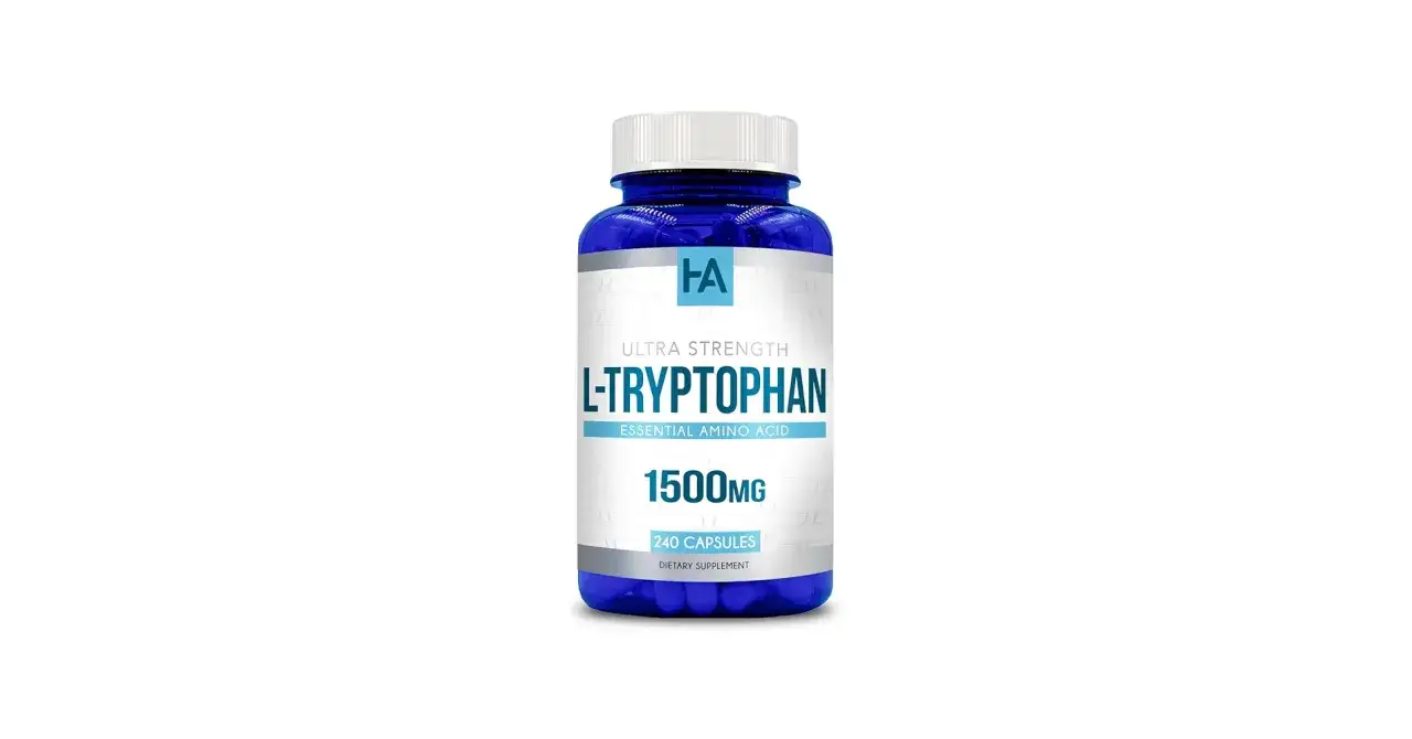 Niebieska butelka suplementu L-Tryptophan 1500mg. Zastanawiasz się, po jakim czasie działa tryptofan?