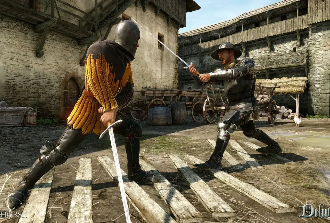 Dwóch rycerzy walczy na miecze w grze Kingdom Come Deliverance. Poradnik do gry pokazuje taktyki walki.