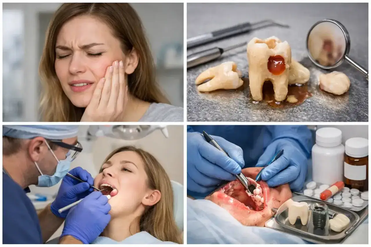 B&oacute;l zęba, pr&oacute;chnica, wizyta u dentysty i zabieg chirurgiczny. Może to być objaw torbieli w jamie ustnej.