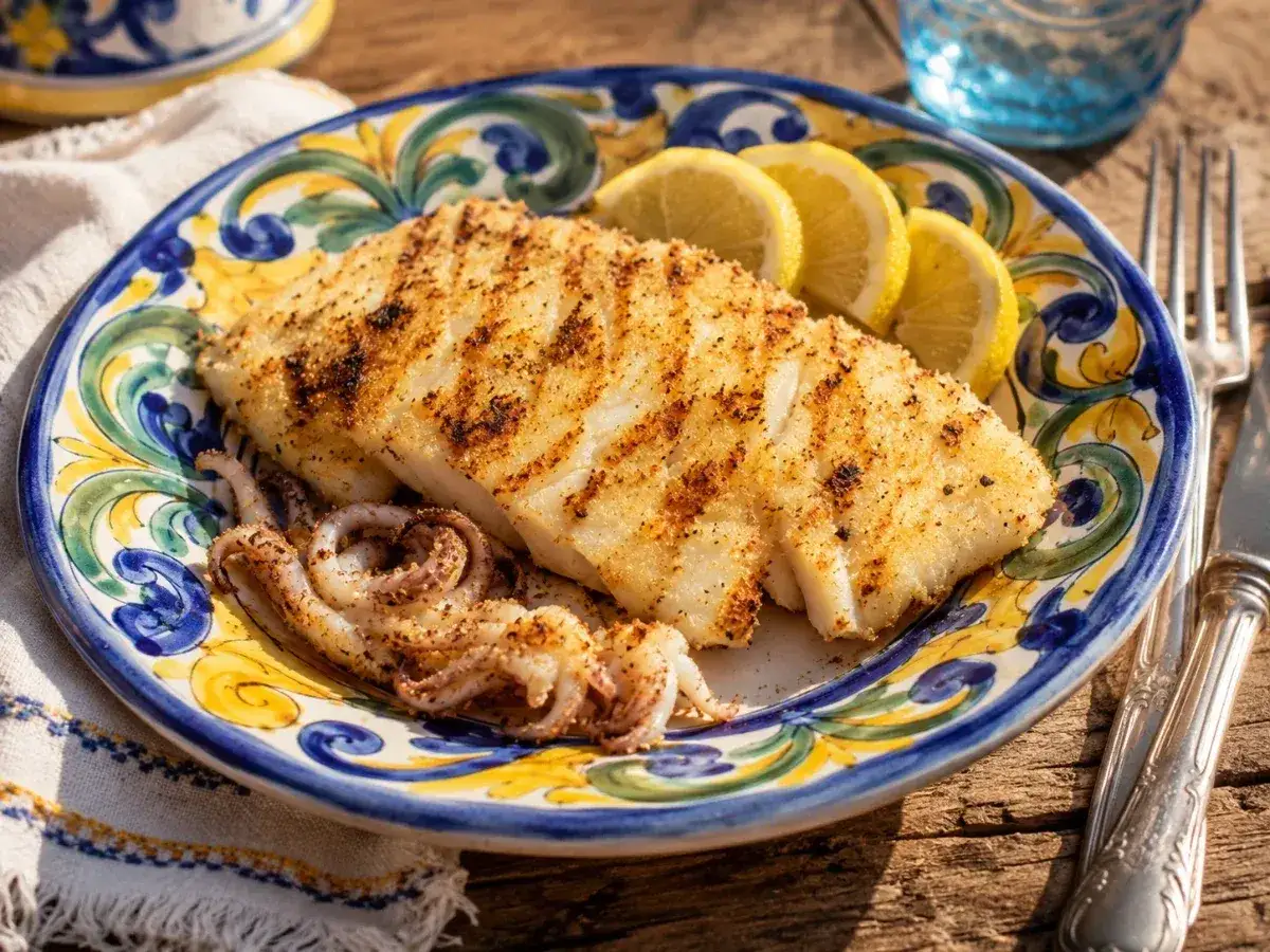 Piatto di calamari alla griglia con limone, serviti su un piatto decorato con motivi mediterranei.