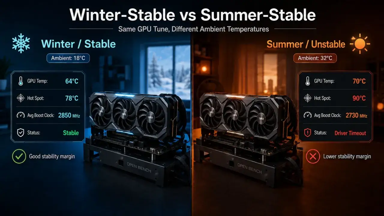Carte graphique en test : stable en hiver (18°C, 2850 MHz) mais instable en été (32°C, 2730 MHz), montrant l'impact de la température sur l'overclocking.