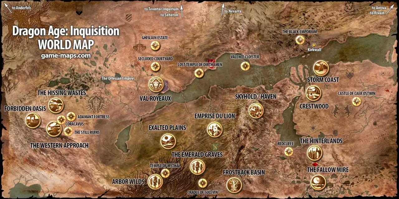 Mapa świata Dragon Age: Inkwizycja, pomocna w solucji gry. Widoczne lokacje: Storm Coast, Hinterlands, Val Royeaux i inne.