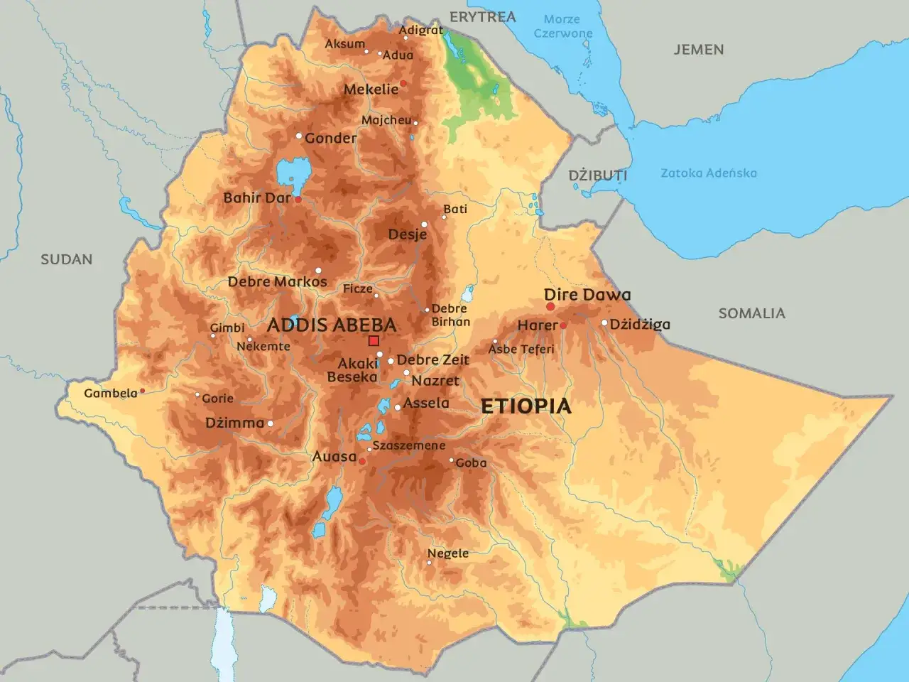 Mapa polityczna Etiopii z zaznaczonymi miastami i granicami. Zobacz, gdzie leży Etiopia, sąsiadująca z Sudanem, Erytreą, Dżibuti, Somalią i Jemenem.