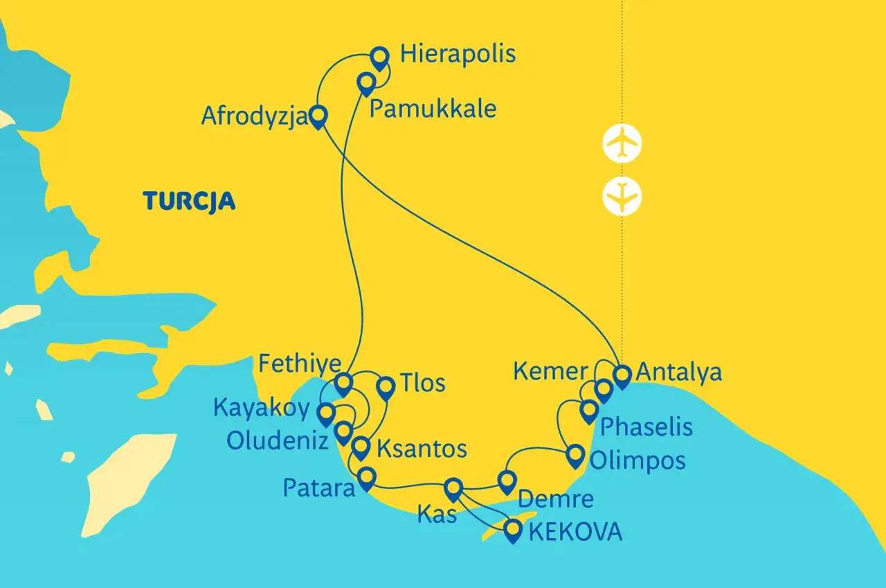 Mapa turystyczna prezentująca trasę po wybrzeżu i zabytkach Turcji, od Afrodyzji po Antalyę.