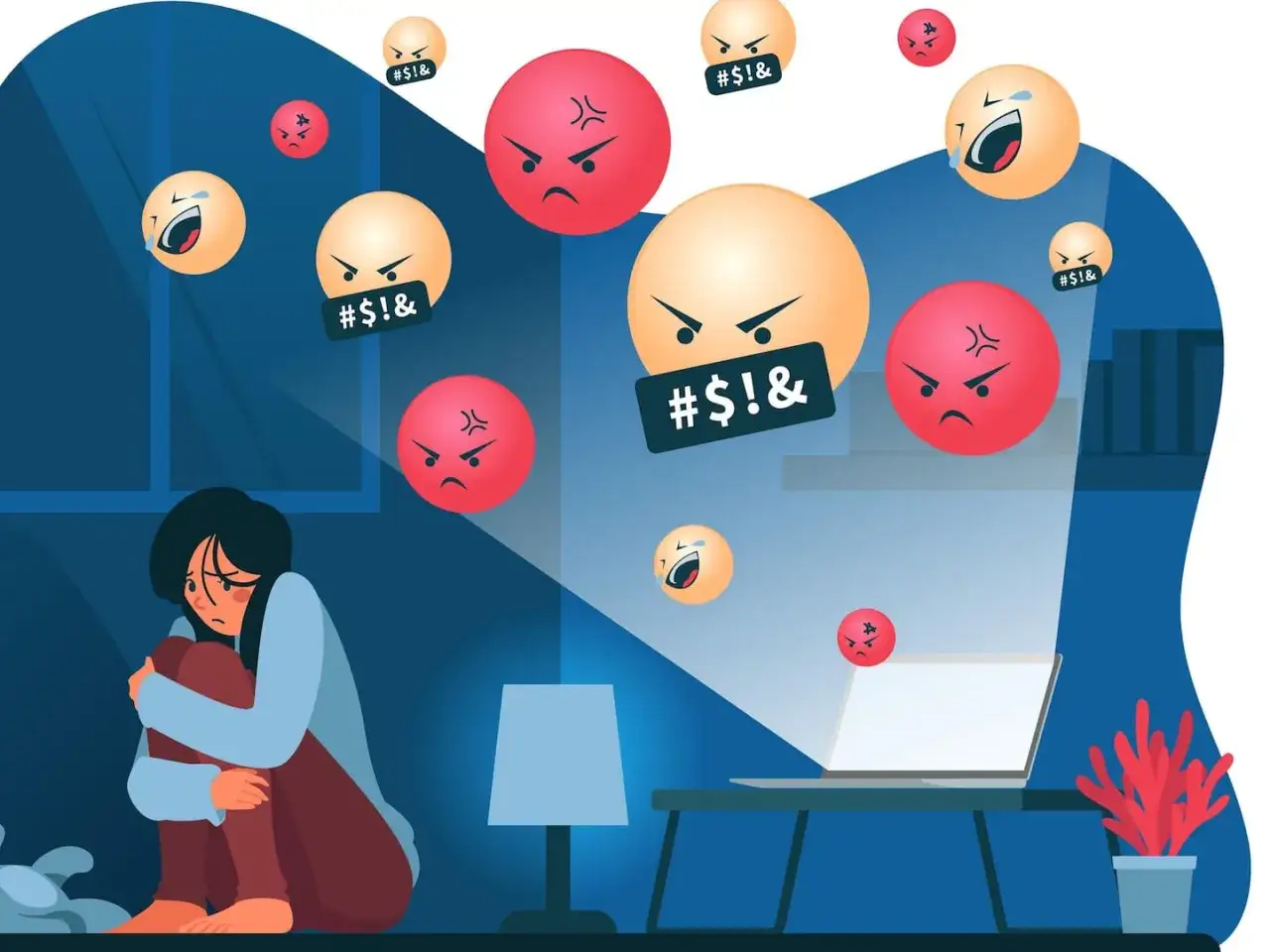 Ein Kind leidet unter Cybermobbing. Wütende Emojis und beleidigende Nachrichten umgeben es, während es sich vor dem Laptop verkriecht. Cybermobbing strafen Kinder.