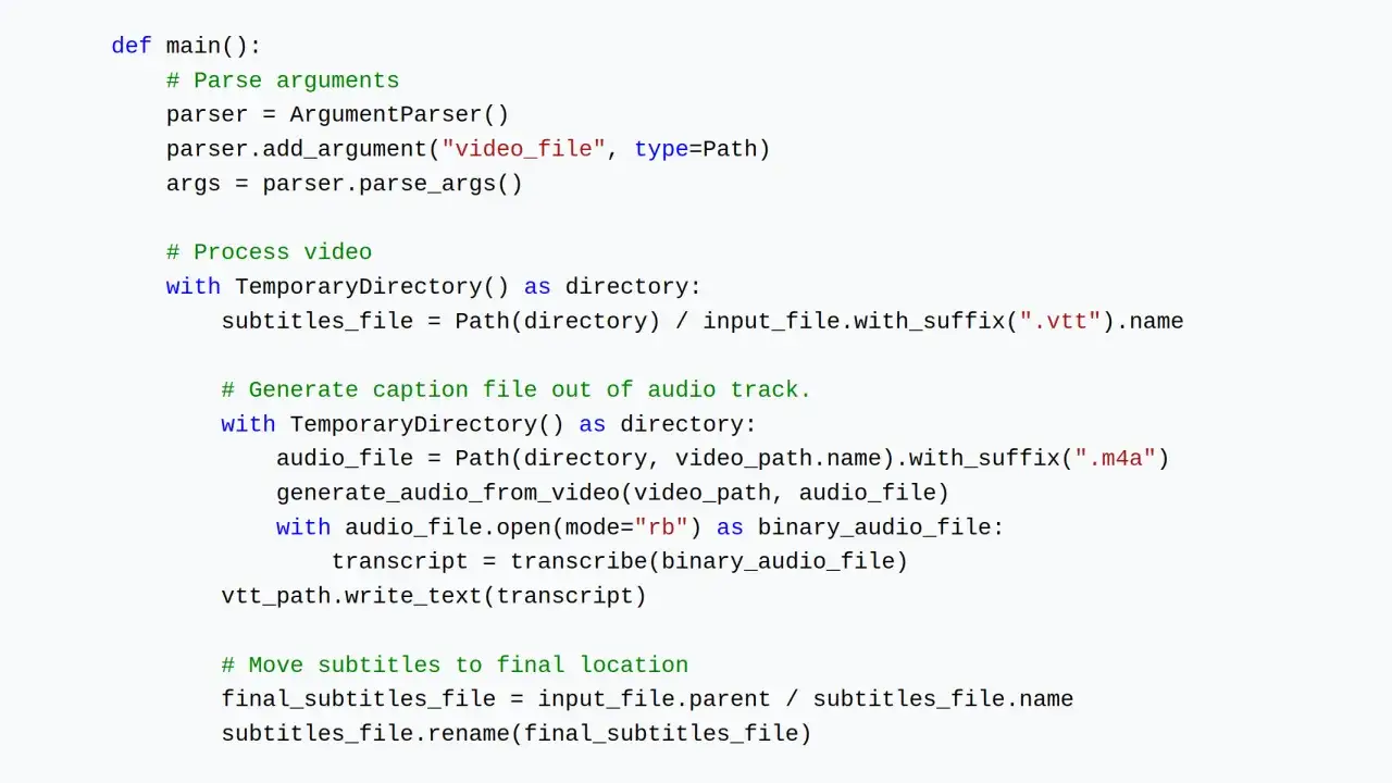 Code Python pour extraire et générer des sous-titres à partir d'un fichier vidéo.