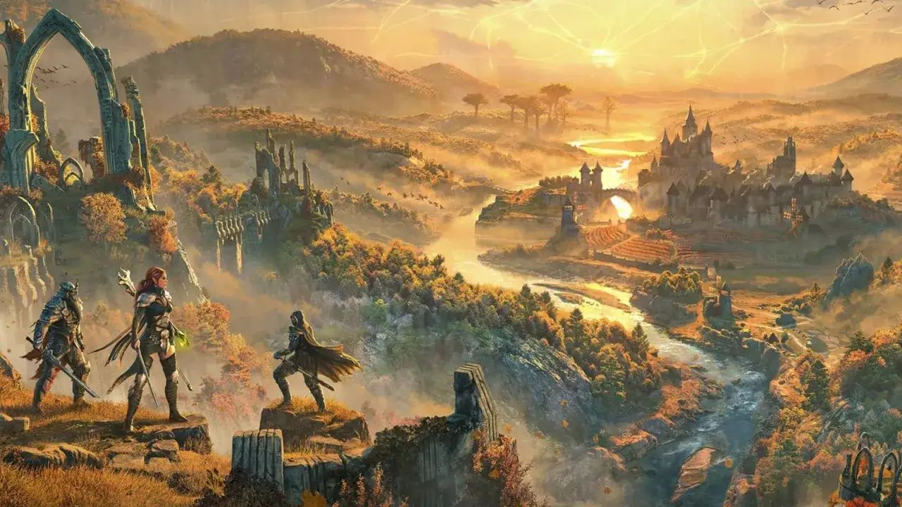Amanecer dorado sobre un valle con ruinas antiguas y un castillo. Tres aventureros contemplan el paisaje, anticipando las maravillas de The Elder Scrolls 6.