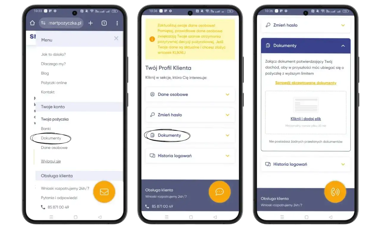 Aplikacja mobilna do zarządzania pożyczkami. Widoczne menu z opcją
