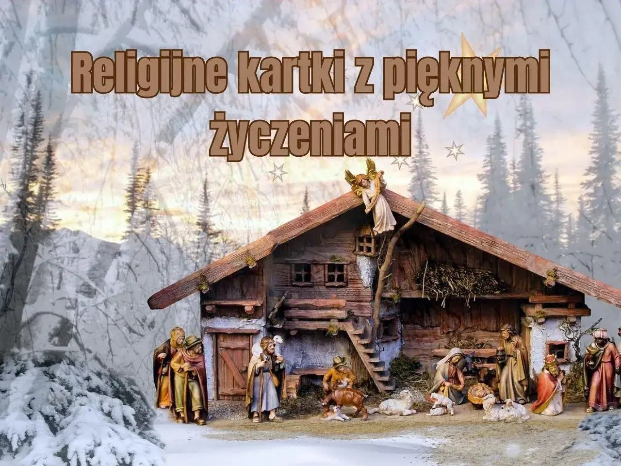 Szopka bożonarodzeniowa z aniołem i postaciami. Piękne religijne życzenia bożonarodzeniowe.