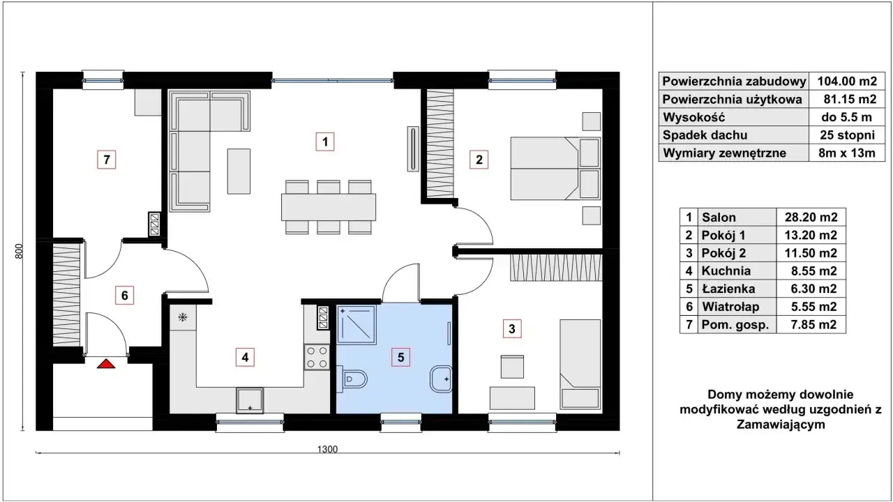 Projekt domu dla 3 osobowej rodziny: salon, 2 pokoje, kuchnia, łazienka, wiatrołap, pom. gosp. Pow. użytkowa 81.15 m2.