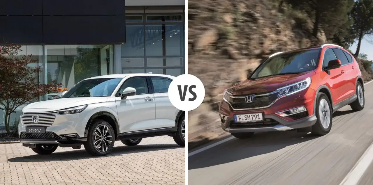 Biały Honda HR-V 2025 obok czerwonego CR-V na drodze.