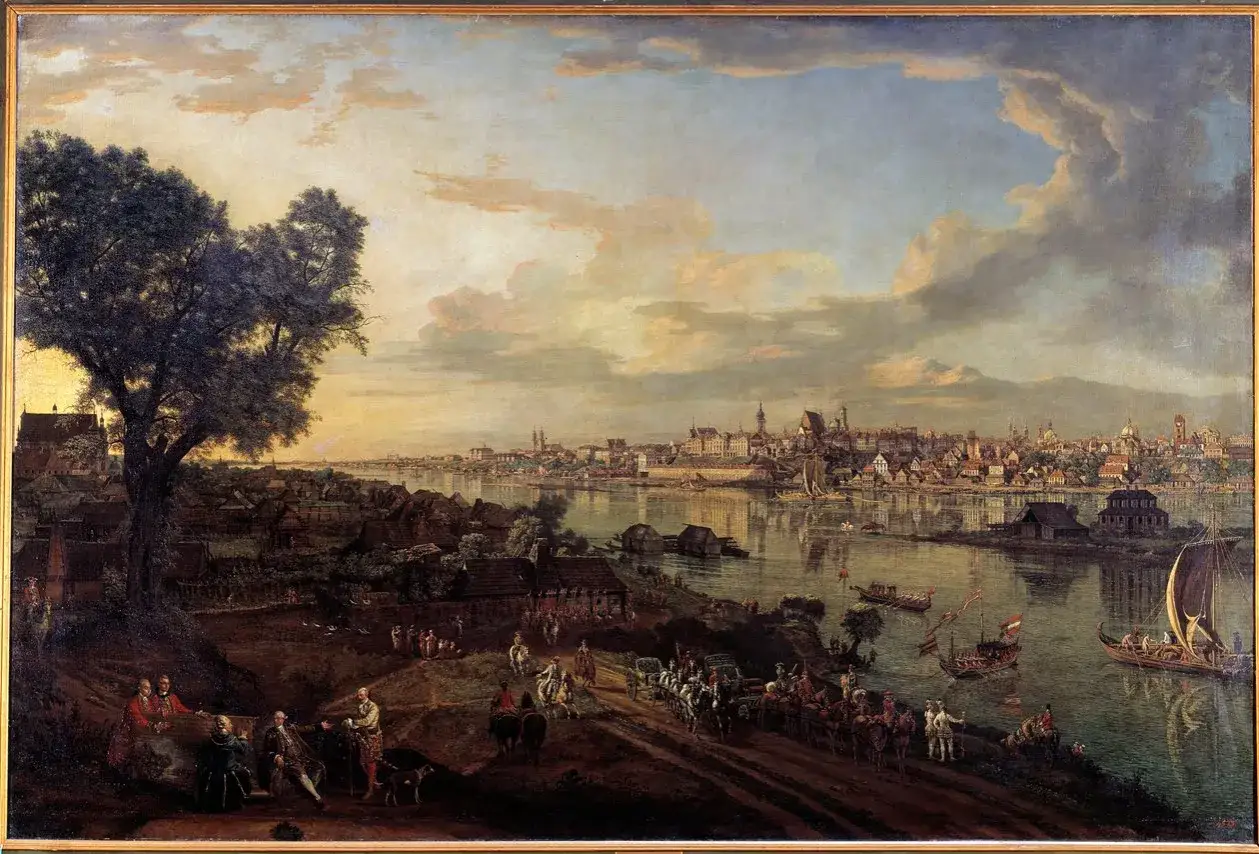 Widok Warszawy z prawego brzegu Wisły, dzieło Bernardo zwanego Canaletto. Rzeka, statki, miasto i ludzie w XVIII-wiecznej scenerii.