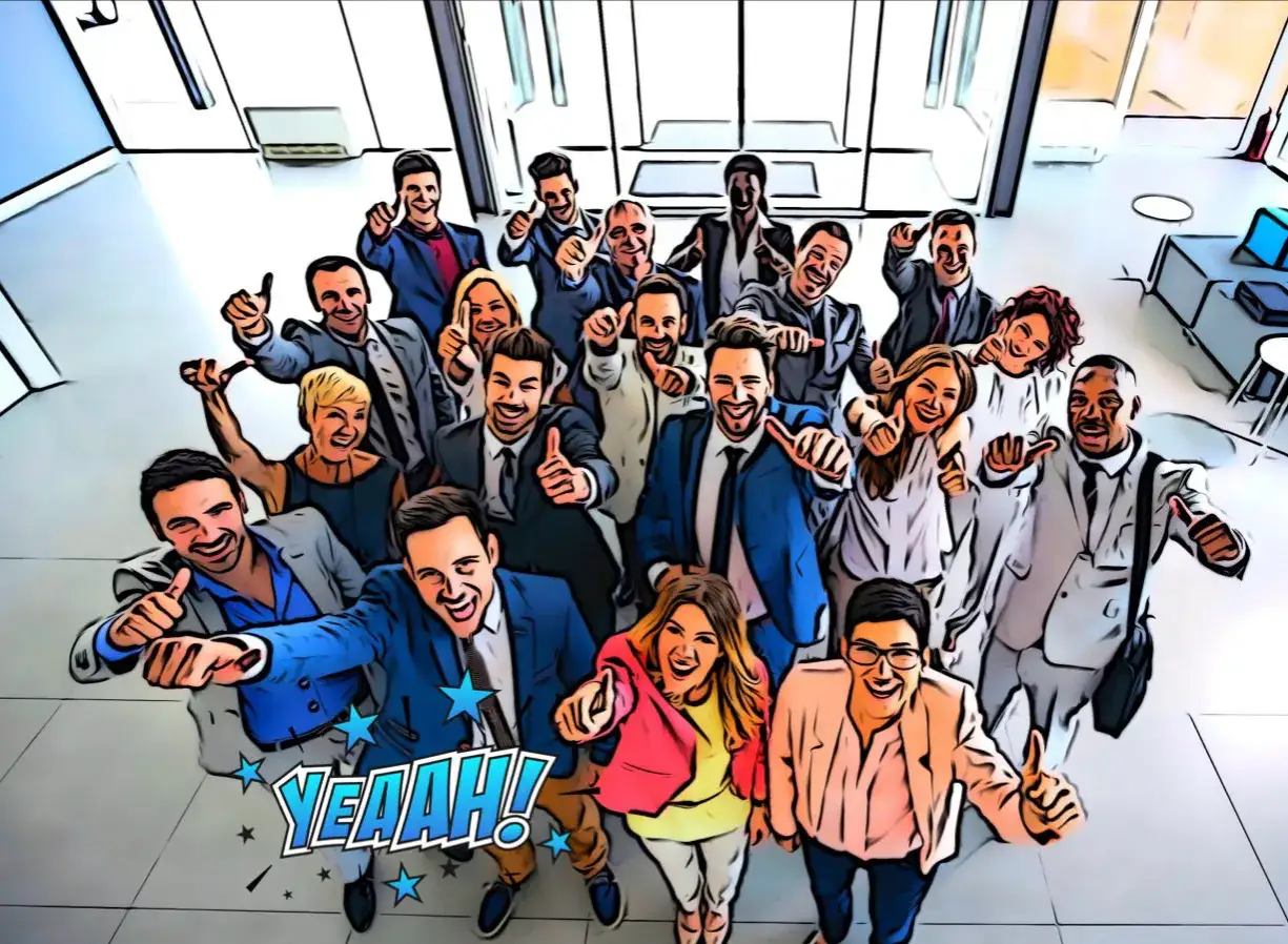 Une équipe souriante et enthousiaste célèbre un succès, montrant l'esprit de **team building en entreprise**. Ils lèvent les pouces, un