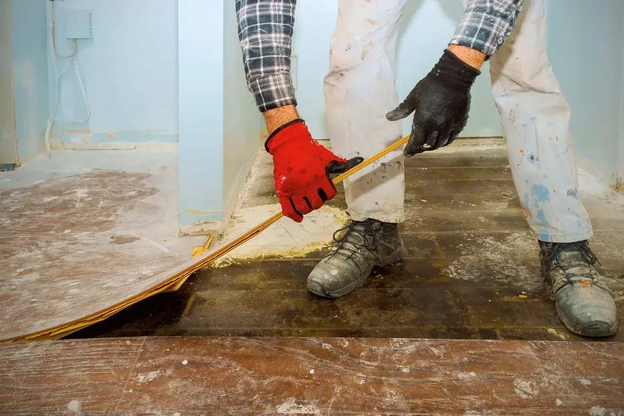 Arbeiter mit Handschuhen entfernt Teppichboden.