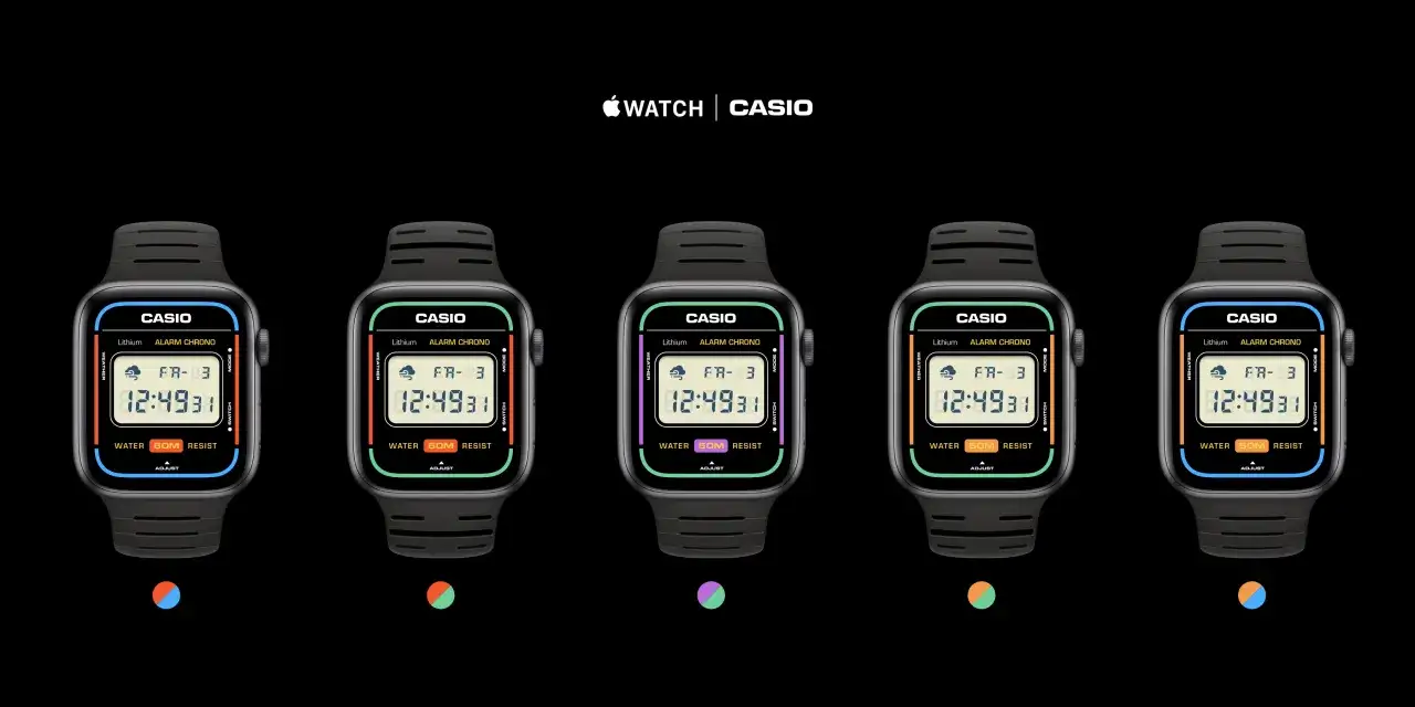 Snygga urtavlor f&ouml;r Apple Watch i Casio-stil, med olika f&auml;rgaccenter som orange, gr&ouml;n och lila.