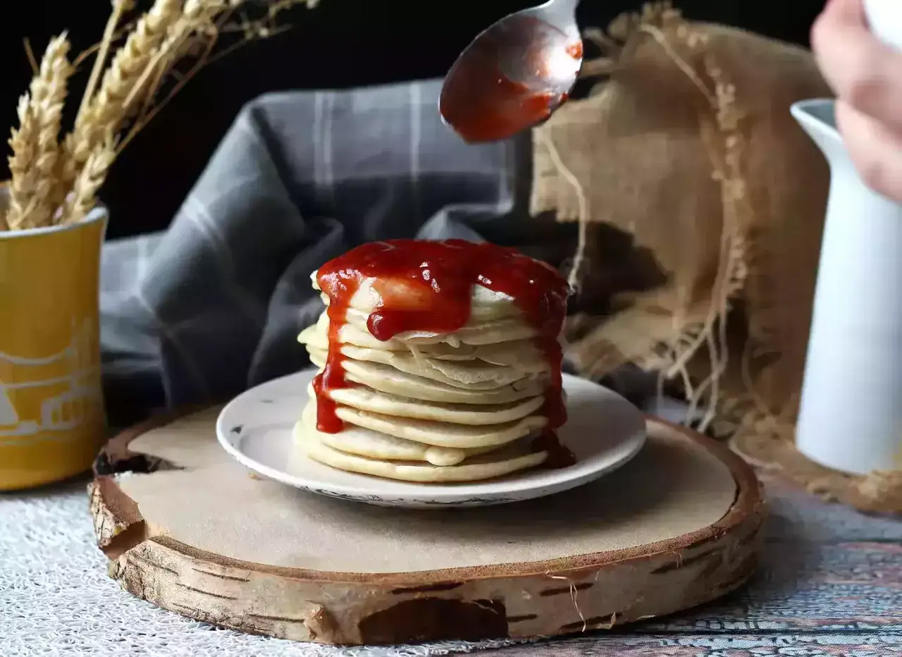 Una pila de tortitas veganas cubiertas con sirope de fresa, servidas en un plato sobre una tabla de madera.
