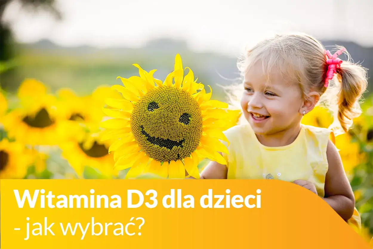 Uśmiechnięta dziewczynka w słonecznikowym polu. Witamina D3 dla dzieci – jak wybrać odpowiednią ilość dla rocznego dziecka?