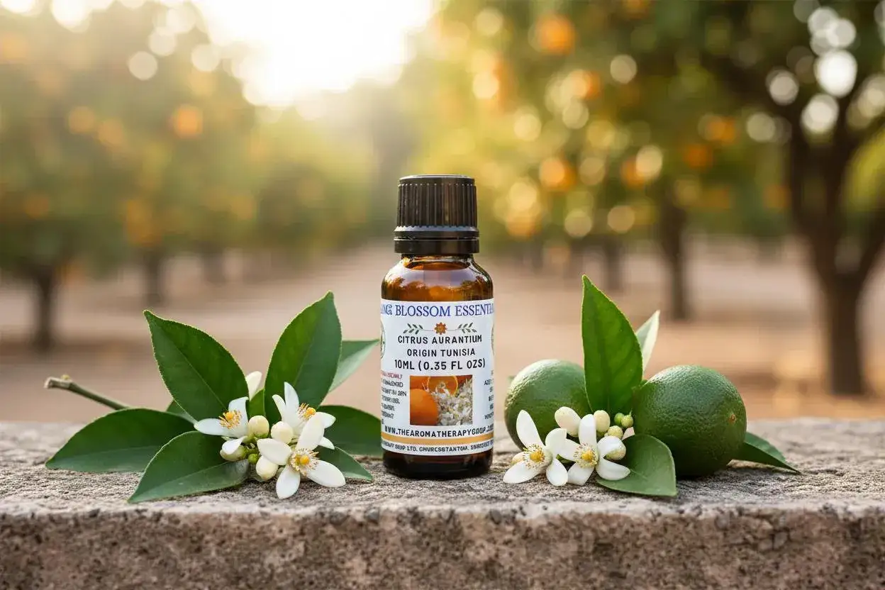 Flacon d'huile essentielle fleur d'oranger, entouré de fleurs et de feuilles d'oranger, avec des citrons verts et un verger en arrière-plan.