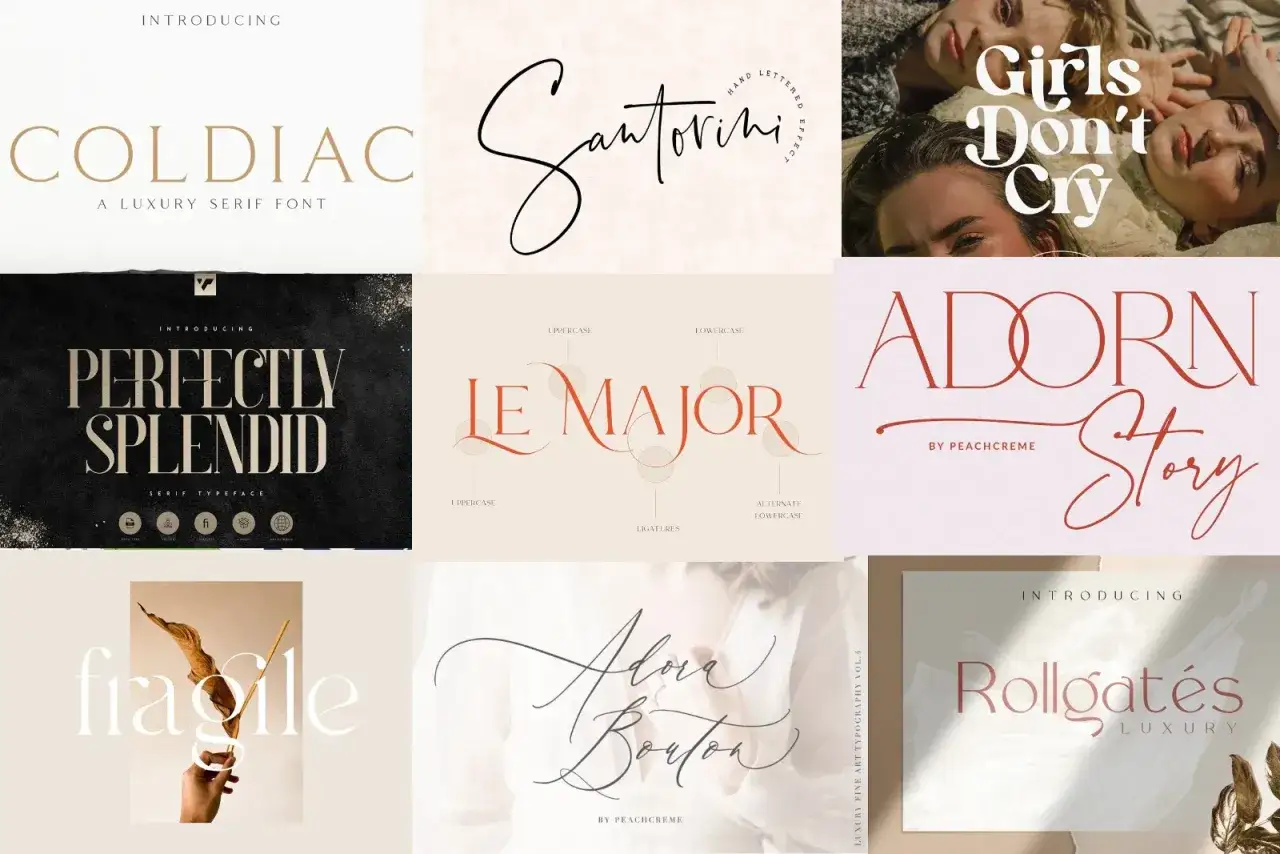Kolekcja eleganckich fontów: COLDİAC, Santorini, PERFECTLY SPLENDID, LE MAJOR, ADORN Story, Girls Don't Cry, fragile, Adora Bouton, Rollgates. Każda czcionka ozdobna ma swój unikalny styl.