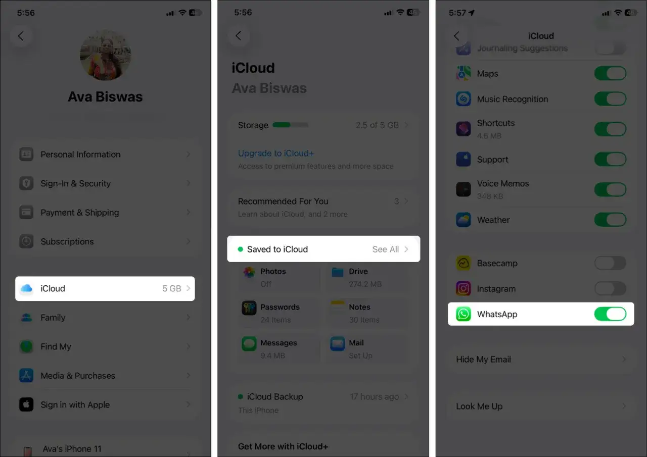 WhatsApp backup iCloud settings