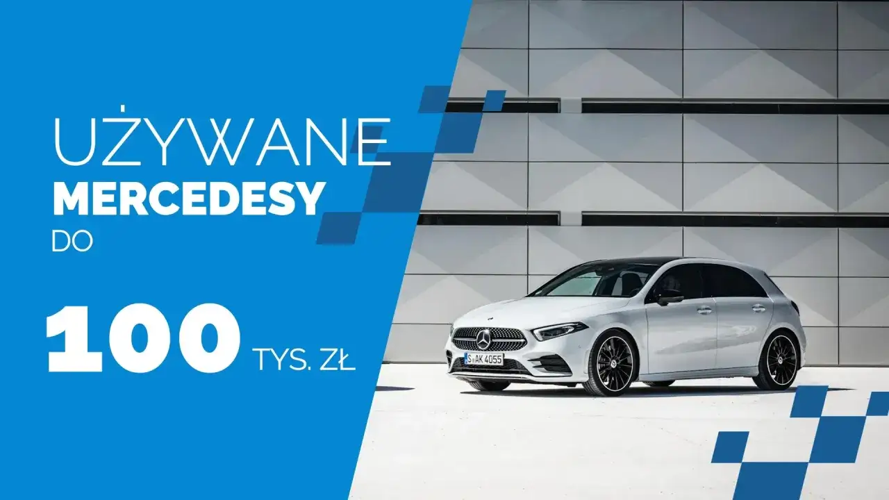 Biały Mercedes-Benz Klasy A na tle nowoczesnej architektury. Używane Mercedesy do 100 tys. zł.