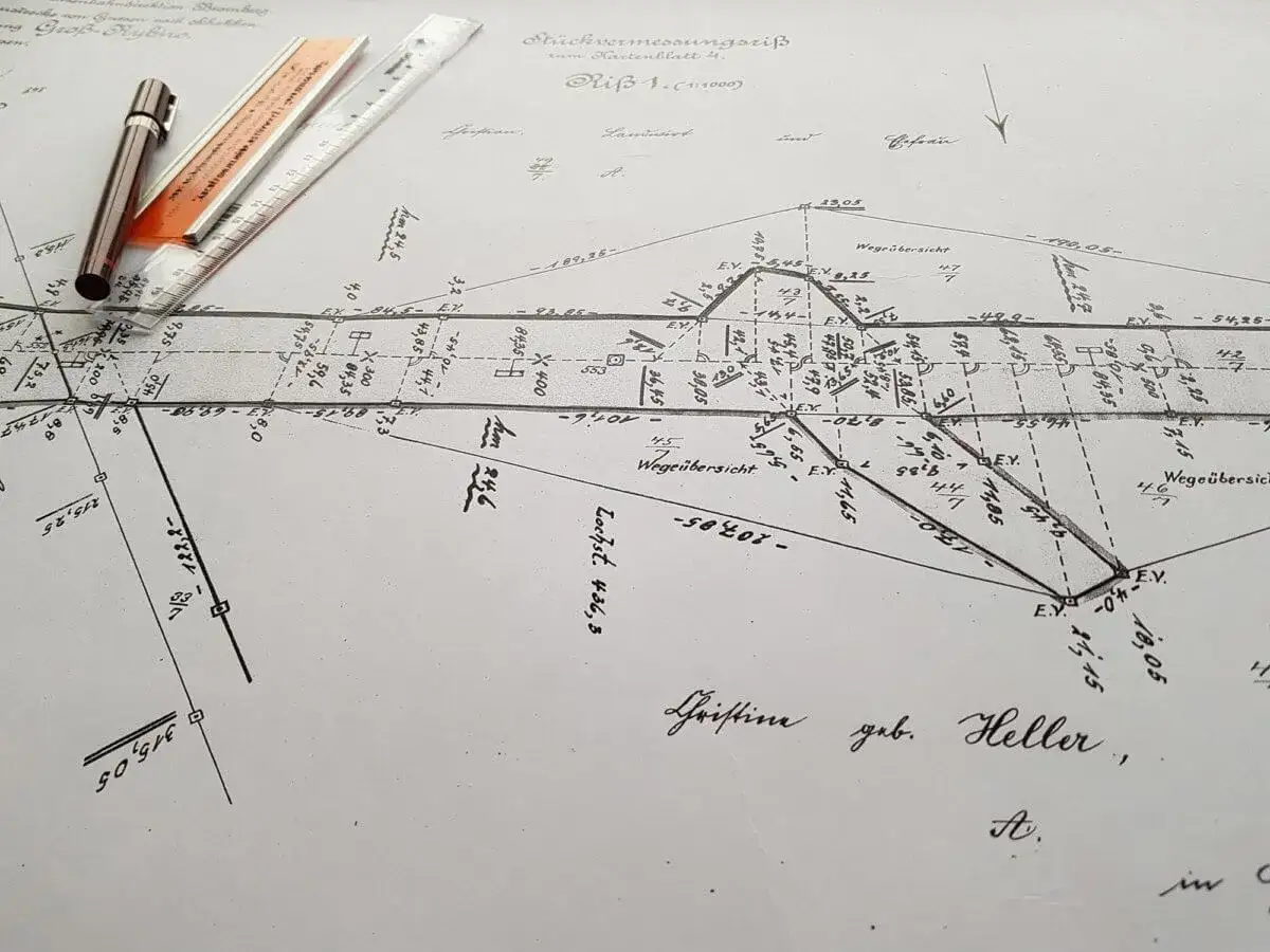 Stara mapa geodezyjna z przyrządami. Czy geodeta może zmienić granice działki? Tak, na podstawie pomiarów i dokumentacji.