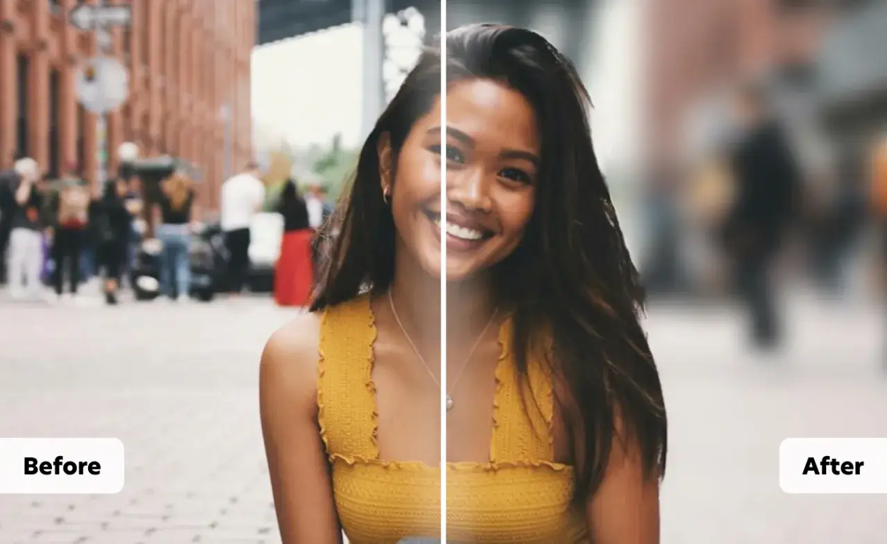 Avant/après : une femme souriante, le flou arrière plan accentue son visage.