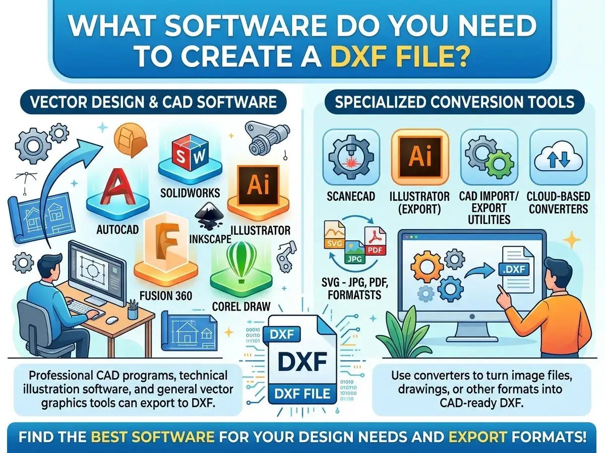 Grafika pokazuje, czym otworzyć plik DXF: programy CAD (AutoCAD, Fusion 360), graficzne (Illustrator, Inkscape) i konwertery.