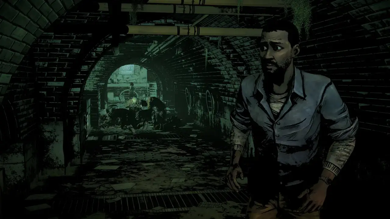 Lee w mrocznym tunelu, przygotowując się do walki. To scena z gry The Walking Dead The Telltale Definitive Series spolszczenie.